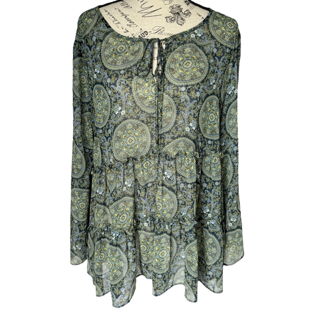 Loft Blouse Paisley Sheer XL‎ Green Boho Peasant Baby Doll Tiered Bell Sleeve - Picture 14 of 14